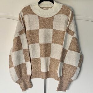 Checkerboard Crewneck Sweater in Cream and Tan